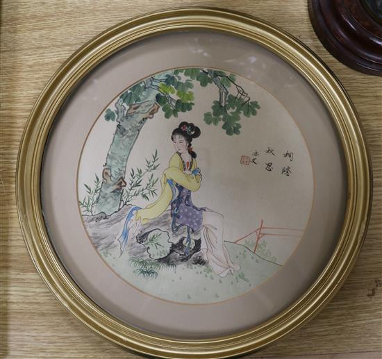 Chinese School, pair of watercolours on silk, birds and flowers, 26 x 17cm and a pair of roundels
